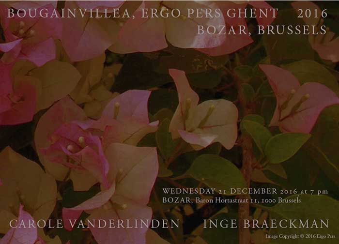 Invitation for the presentation of the new artist book Bougainvillea, by artist Carole Vanderlinden and poet Inge Braeckman, on December 21st at 7 pm sharp at BOZAR, Brussels 